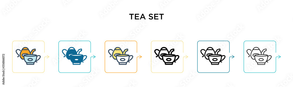 Tea set vector icon in 6 different modern styles. Black, two colored tea set icons designed in filled, outline, line and stroke style. Vector illustration can be used for web, mobile, ui Tea set vector icon in 6 different modern styles. Black, two colored tea set icons designed in filled, outline, line and stroke style. Vector illustration can be used for web, mobile, ui