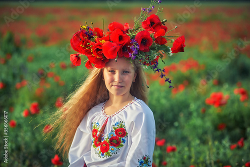portrait of a little girl in national costume in a field with poppies