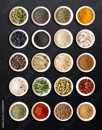 pattern with spices for cooking - pepper, cinnamon, turmeric, bay leaf, herbs