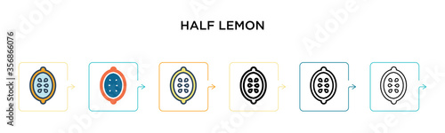 Half lemon vector icon in 6 different modern styles. Black, two colored half lemon icons designed in filled, outline, line and stroke style. Vector illustration can be used for web, mobile, ui