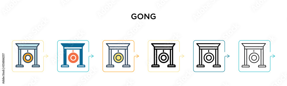 Gong vector icon in 6 different modern styles. Black, two colored gong icons designed in filled, outline, line and stroke style. Vector illustration can be used for web, mobile, ui Gong vector icon in 6 different modern styles. Black, two colored gong icons designed in filled, outline, line and stroke style. Vector illustration can be used for web, mobile, ui
