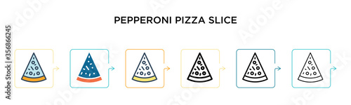 Pepperoni pizza slice vector icon in 6 different modern styles. Black, two colored pepperoni pizza slice icons designed in filled, outline, line and stroke style. Vector illustration can be used for
