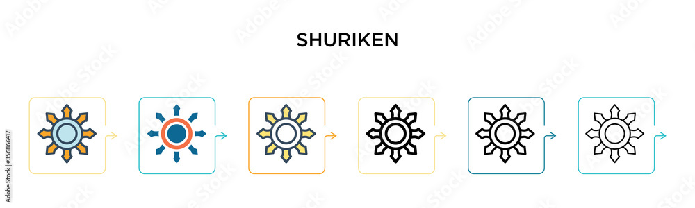 Shuriken vector icon in 6 different modern styles. Black, two colored shuriken icons designed in filled, outline, line and stroke style. Vector illustration can be used for web, mobile, ui Shuriken vector icon in 6 different modern styles. Black, two colored shuriken icons designed in filled, outline, line and stroke style. Vector illustration can be used for web, mobile, ui