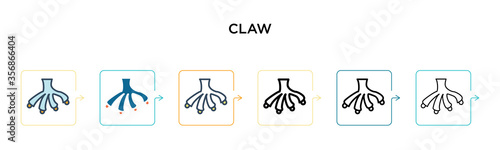 Claw vector icon in 6 different modern styles. Black, two colored claw icons designed in filled, outline, line and stroke style. Vector illustration can be used for web, mobile, ui
