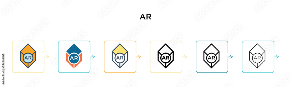 Ar vector icon in 6 different modern styles. Black, two colored ar icons designed in filled, outline, line and stroke style. Vector illustration can be used for web, mobile, ui