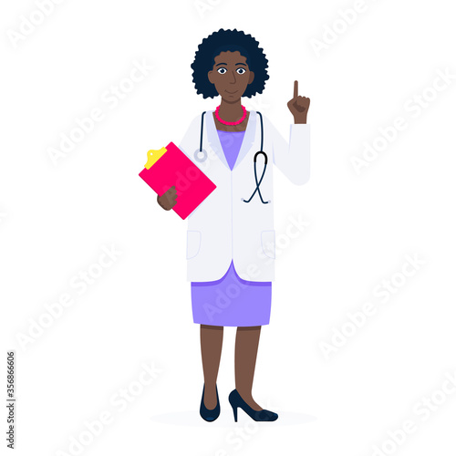 Doctor standing and hold clipboard and stethoscope with index finger flat style design vector illustration isolated on white background. Medical center hospital employee.