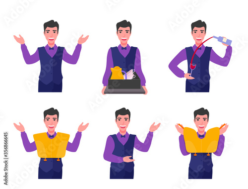 A flight attendant shows an inflatable life jacket, indicates the direction of emergency exits. An elegant steward. Airline safety demonstration. Trolley with drinks.