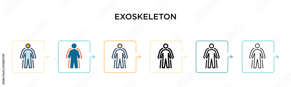 Exoskeleton vector icon in 6 different modern styles. Black, two colored exoskeleton icons designed in filled, outline, line and stroke style. Vector illustration can be used for web, mobile, ui Exoskeleton vector icon in 6 different modern styles. Black, two colored exoskeleton icons designed in filled, outline, line and stroke style. Vector illustration can be used for web, mobile, ui