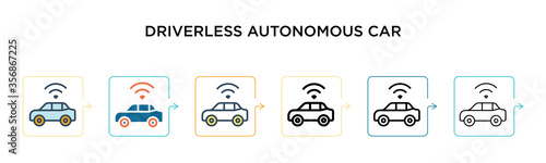 Driverless autonomous car vector icon in 6 different modern styles. Black, two colored driverless autonomous car icons designed in filled, outline, line and stroke style. Vector illustration can be