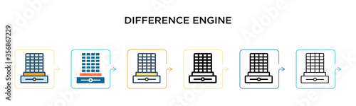 Difference engine vector icon in 6 different modern styles. Black, two colored difference engine icons designed in filled, outline, line and stroke style. Vector illustration can be used for web, photo