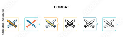 Combat vector icon in 6 different modern styles. Black, two colored combat icons designed in filled, outline, line and stroke style. Vector illustration can be used for web, mobile, ui