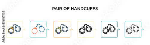 Pair of handcuffs vector icon in 6 different modern styles. Black, two colored pair of handcuffs icons designed in filled, outline, line and stroke style. Vector illustration can be used for web,