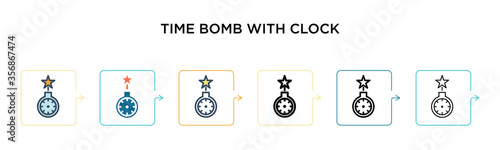 Time bomb with clock vector icon in 6 different modern styles. Black, two colored time bomb with clock icons designed in filled, outline, line and stroke style. Vector illustration can be used for