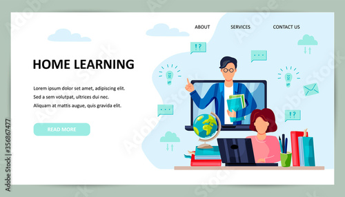 Online education, home schooling concept. Student is doing homework on computer. Teacher on laptop screen. Place for text. Website design.Vector illustration. Flat cartoon style design
