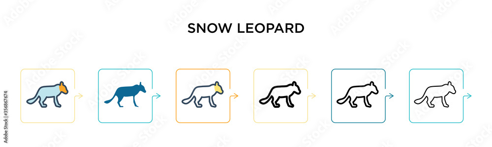 Snow leopard vector icon in 6 different modern styles. Black, two colored snow leopard icons designed in filled, outline, line and stroke style. Vector illustration can be used for web, mobile, ui