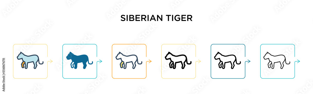 Siberian tiger vector icon in 6 different modern styles. Black, two colored siberian tiger icons designed in filled, outline, line and stroke style. Vector illustration can be used for web, mobile, ui