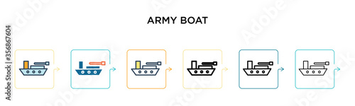 Army boat vector icon in 6 different modern styles. Black, two colored army boat icons designed in filled, outline, line and stroke style. Vector illustration can be used for web, mobile, ui