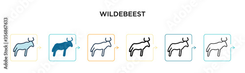 Wildebeest vector icon in 6 different modern styles. Black, two colored wildebeest icons designed in filled, outline, line and stroke style. Vector illustration can be used for web, mobile, ui