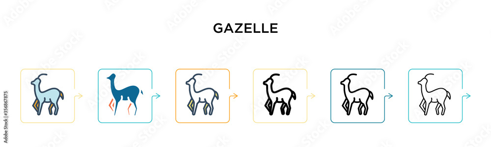 Gazelle vector icon in 6 different modern styles. Black, two colored gazelle icons designed in filled, outline, line and stroke style. Vector illustration can be used for web, mobile, ui
