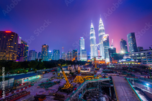 Night view of the illuminated Kuala Lumpur Twin Towers, Malaysia