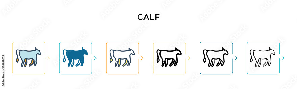 Calf vector icon in 6 different modern styles. Black, two colored calf icons designed in filled, outline, line and stroke style. Vector illustration can be used for web, mobile, ui