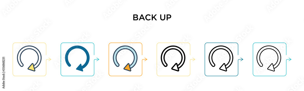 Back up vector icon in 6 different modern styles. Black, two colored back up icons designed in filled, outline, line and stroke style. Vector illustration can be used for web, mobile, ui Back up vector icon in 6 different modern styles. Black, two colored back up icons designed in filled, outline, line and stroke style. Vector illustration can be used for web, mobile, ui