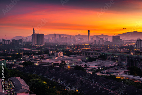 Photography Panorama sunset Kuala Lumpur city skyline view with orange sky, Malaysia