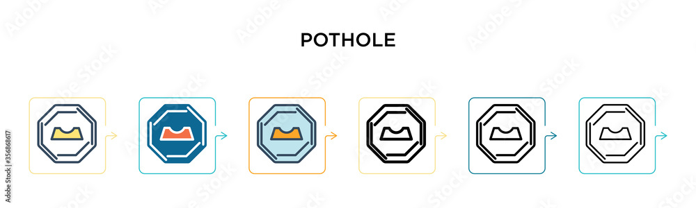 Pothole sign vector icon in 6 different modern styles. Black, two colored pothole sign icons designed in filled, outline, line and stroke style. Vector illustration can be used for web, mobile, ui Pothole sign vector icon in 6 different modern styles. Black, two colored pothole sign icons designed in filled, outline, line and stroke style. Vector illustration can be used for web, mobile, ui