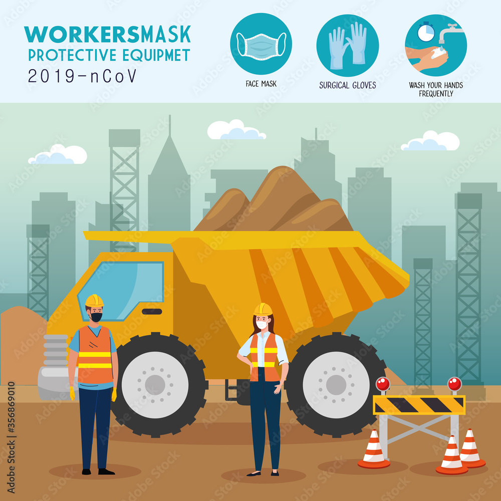 workers construction wearing medical mask during covid 19 with protective equipment vector illustration design