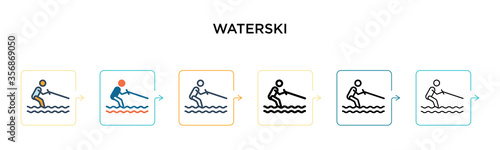Waterski vector icon in 6 different modern styles. Black, two colored waterski icons designed in filled, outline, line and stroke style. Vector illustration can be used for web, mobile, ui