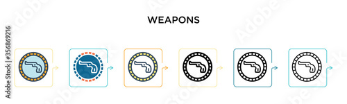 Weapons vector icon in 6 different modern styles. Black, two colored weapons icons designed in filled, outline, line and stroke style. Vector illustration can be used for web, mobile, ui