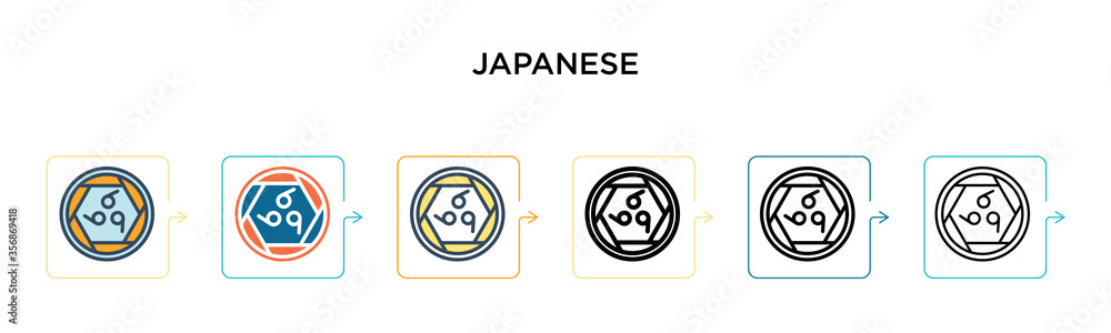 Naklejka premium Japanese symbol family crest kamon vector icon in 6 different modern styles. Black, two colored japanese symbol family crest kamon icons designed in filled, outline, line and stroke style. Vector