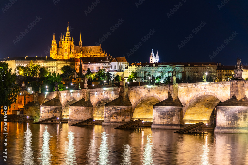 Prague night panorama. Prague Castle and Charles Bridge above Vltava River, Praha, Czech Republic