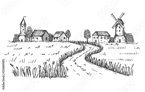 Sketch of a rural landscape. The road leading to the farm, houses, mill through a wheat field. Good for packaging eco-friendly, natural food. Engraved, etched image. Hand drawn. Black and white vector