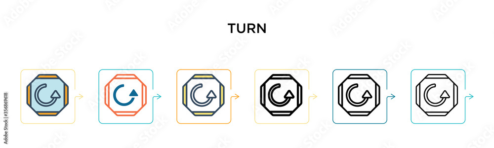 Turn vector icon in 6 different modern styles. Black, two colored turn icons designed in filled, outline, line and stroke style. Vector illustration can be used for web, mobile, ui