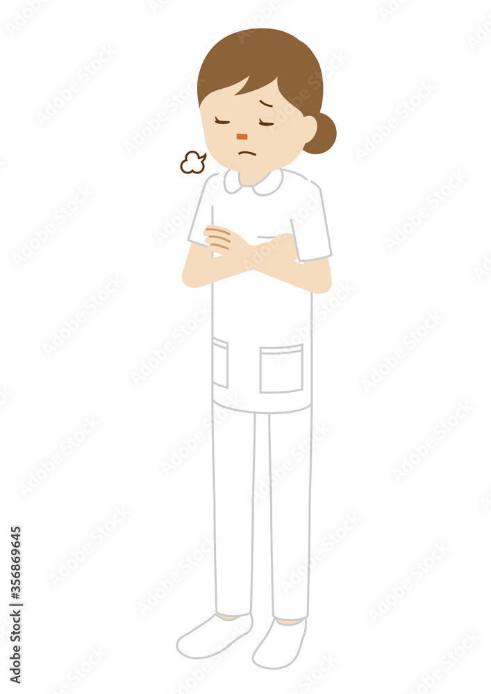 Illustration of a standing female nurse (sighing with arms folded) Illustration of a standing female nurse (sighing with arms folded)