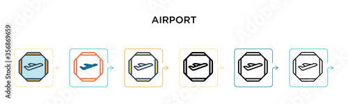 Airport vector icon in 6 different modern styles. Black, two colored airport icons designed in filled, outline, line and stroke style. Vector illustration can be used for web, mobile, ui