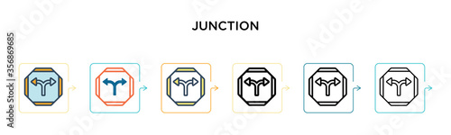 Junction vector icon in 6 different modern styles. Black, two colored junction icons designed in filled, outline, line and stroke style. Vector illustration can be used for web, mobile, ui