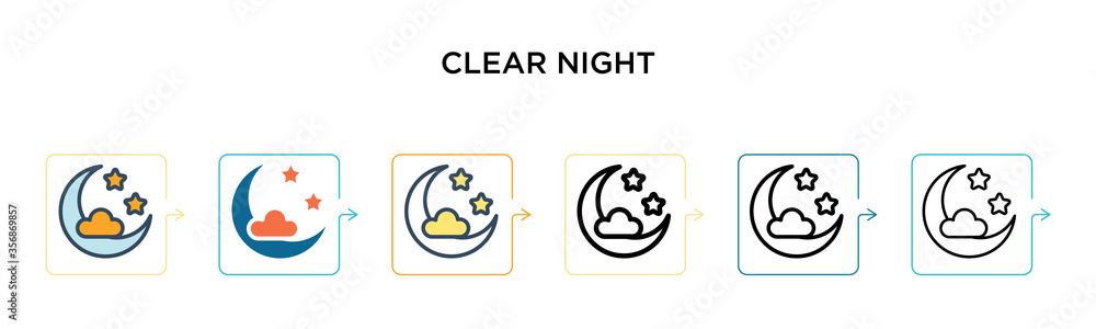 Clear night vector icon in 6 different modern styles. Black, two colored clear night icons designed in filled, outline, line and stroke style. Vector illustration can be used for web, mobile, ui Clear night vector icon in 6 different modern styles. Black, two colored clear night icons designed in filled, outline, line and stroke style. Vector illustration can be used for web, mobile, ui