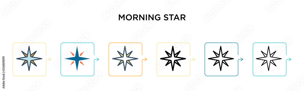 Morning star vector icon in 6 different modern styles. Black, two colored morning star icons designed in filled, outline, line and stroke style. Vector illustration can be used for web, mobile, ui Morning star vector icon in 6 different modern styles. Black, two colored morning star icons designed in filled, outline, line and stroke style. Vector illustration can be used for web, mobile, ui
