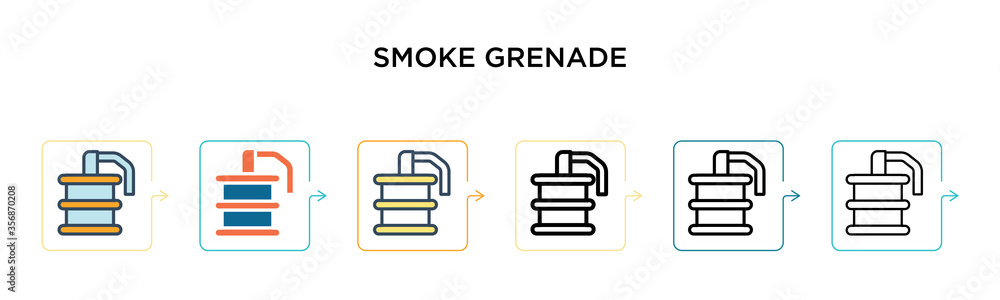 Smoke grenade vector icon in 6 different modern styles. Black, two colored smoke grenade icons designed in filled, outline, line and stroke style. Vector illustration can be used for web, mobile, ui Smoke grenade vector icon in 6 different modern styles. Black, two colored smoke grenade icons designed in filled, outline, line and stroke style. Vector illustration can be used for web, mobile, ui