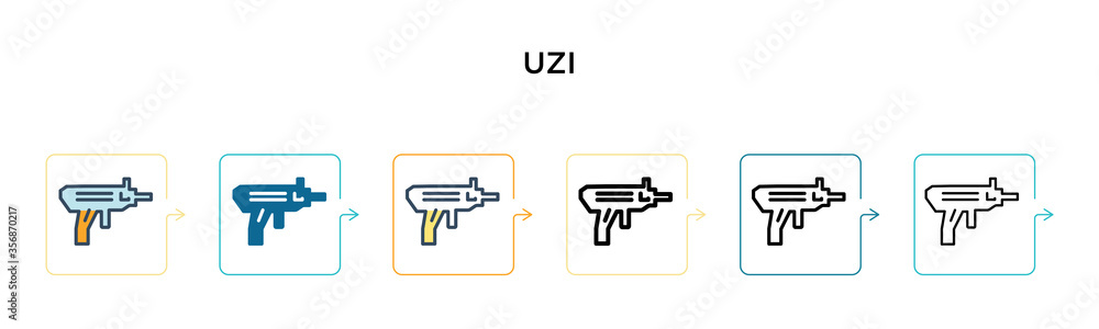 Uzi vector icon in 6 different modern styles. Black, two colored uzi icons designed in filled, outline, line and stroke style. Vector illustration can be used for web, mobile, ui Uzi vector icon in 6 different modern styles. Black, two colored uzi icons designed in filled, outline, line and stroke style. Vector illustration can be used for web, mobile, ui