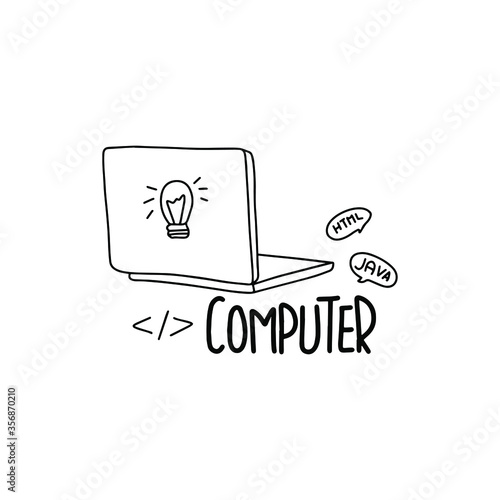 Outline illustration with laptop, lettering and programming language elements. Vector Stock illustration.