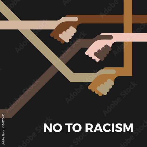No to racism. Stop to racism and discrimination. Handshake of different races. Vector Illustration