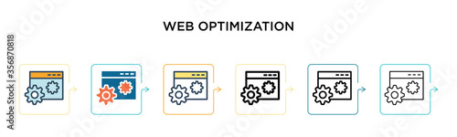Web optimization vector icon in 6 different modern styles. Black, two colored web optimization icons designed in filled, outline, line and stroke style. Vector illustration can be used for web,