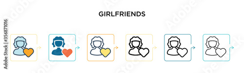 Girlfriends vector icon in 6 different modern styles. Black, two colored girlfriends icons designed in filled, outline, line and stroke style. Vector illustration can be used for web, mobile, ui