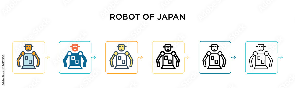 Fototapeta premium Robot of japan vector icon in 6 different modern styles. Black, two colored robot of japan icons designed in filled, outline, line and stroke style. Vector illustration can be used for web, mobile, ui