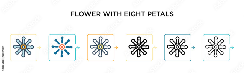 Flower with eight petals vector icon in 6 different modern styles. Black, two colored flower with eight petals icons designed in filled, outline, line and stroke style. Vector illustration can be used