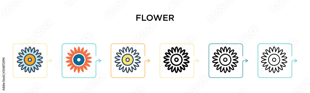 Fototapeta premium Flower vector icon in 6 different modern styles. Black, two colored flower icons designed in filled, outline, line and stroke style. Vector illustration can be used for web, mobile, ui