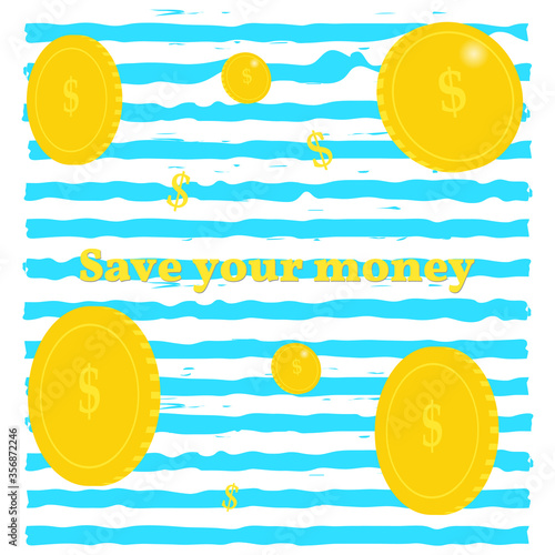 Golden coins. Background of money on blue stripes